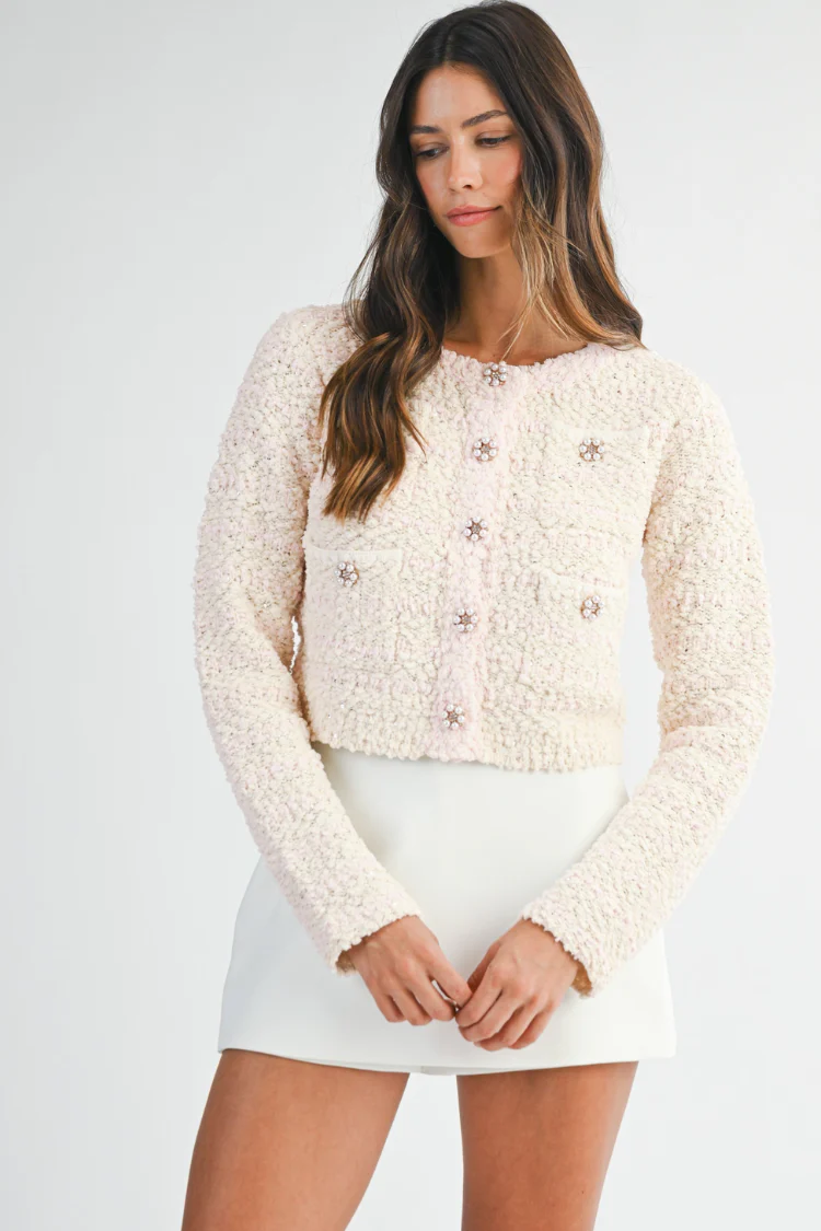 Blaire Bouclé Ivory and Pink Striped Cardigan Sweater - FINAL SALE