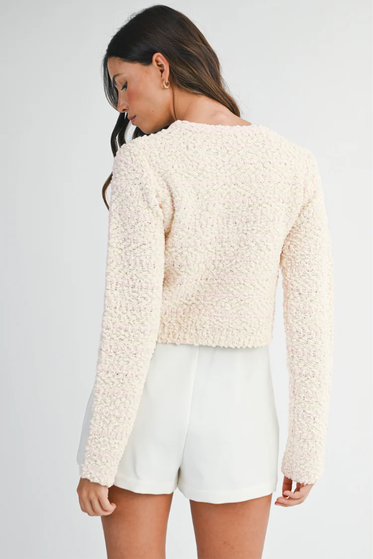 Blaire Bouclé Ivory and Pink Striped Cardigan Sweater - FINAL SALE - Image 2