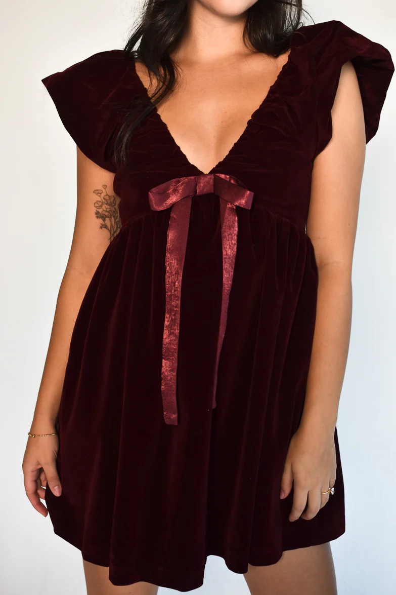 Brooks Burgundy Velvet Bow Mini Dress - FINAL SALE
