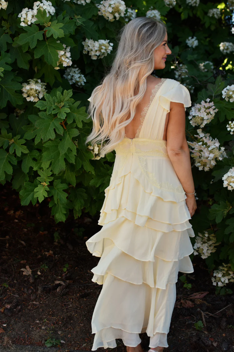 Elodie Butter Yellow Lace Trim Tiered Maxi Dress - Image 3