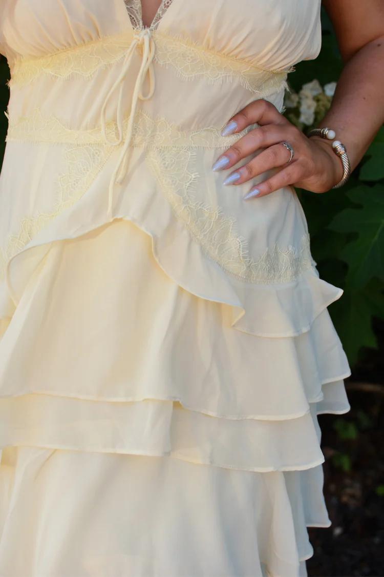 Elodie Butter Yellow Lace Trim Tiered Maxi Dress - Image 4
