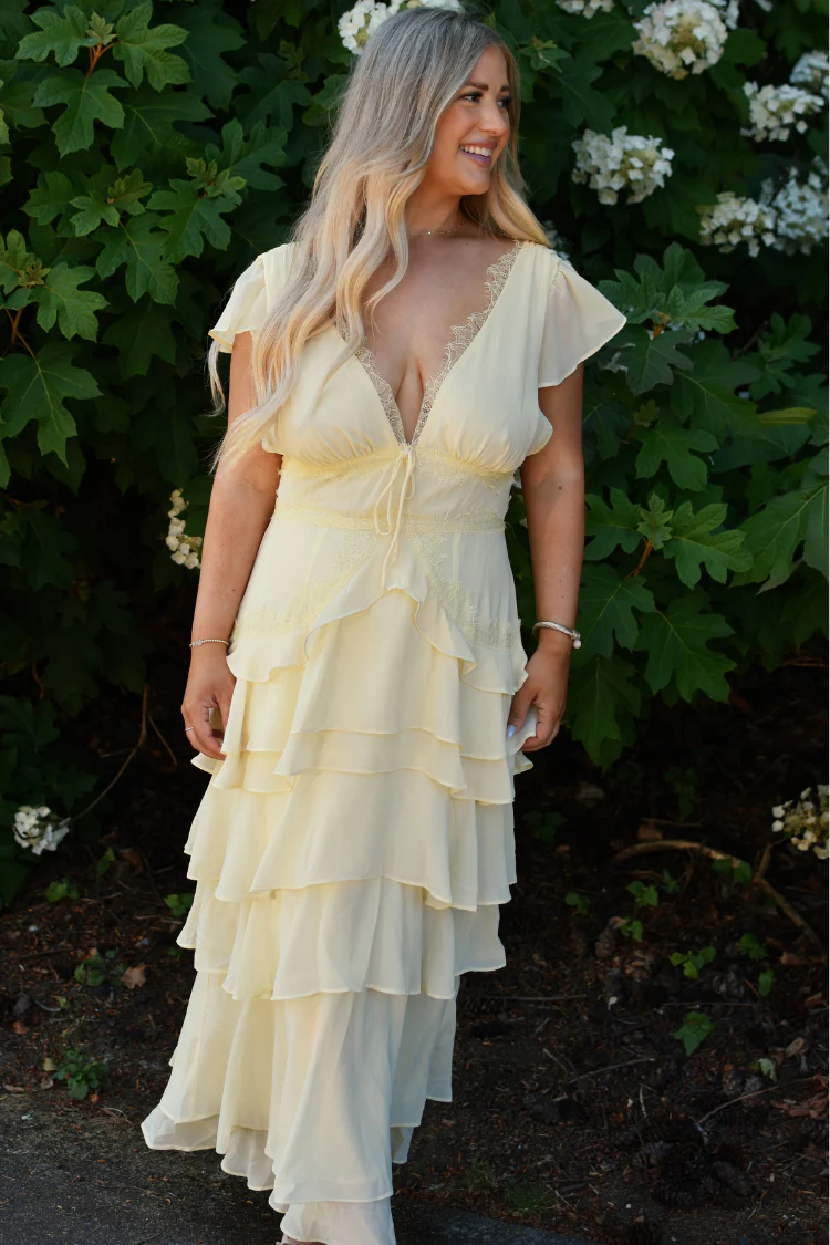 Elodie Butter Yellow Lace Trim Tiered Maxi Dress - Image 5