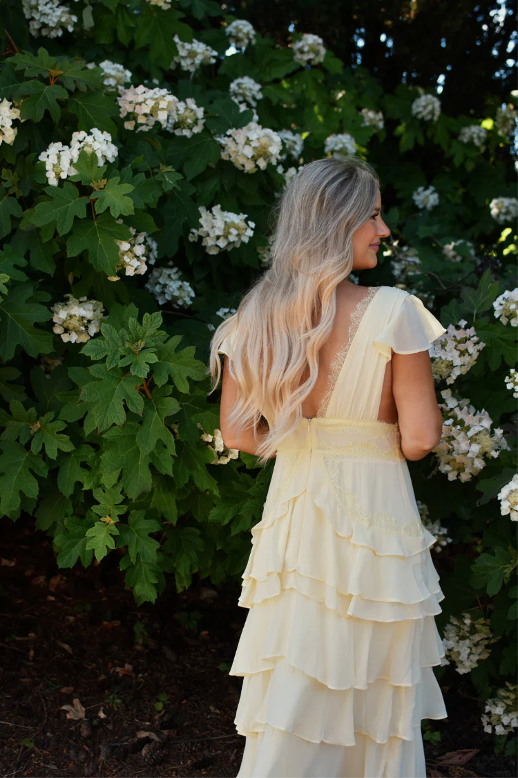 Elodie Butter Yellow Lace Trim Tiered Maxi Dress - Image 6