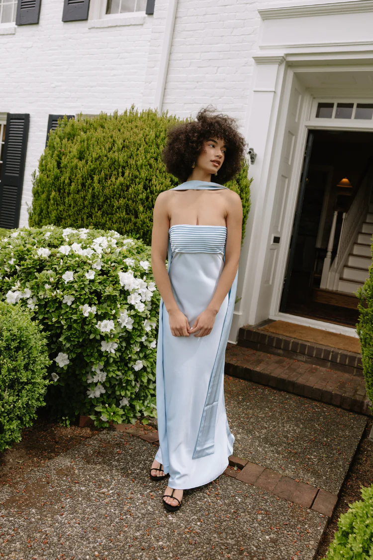 Elsa Ice Blue Maxi Dress with Neck Scarf - FINAL SALE - Image 3