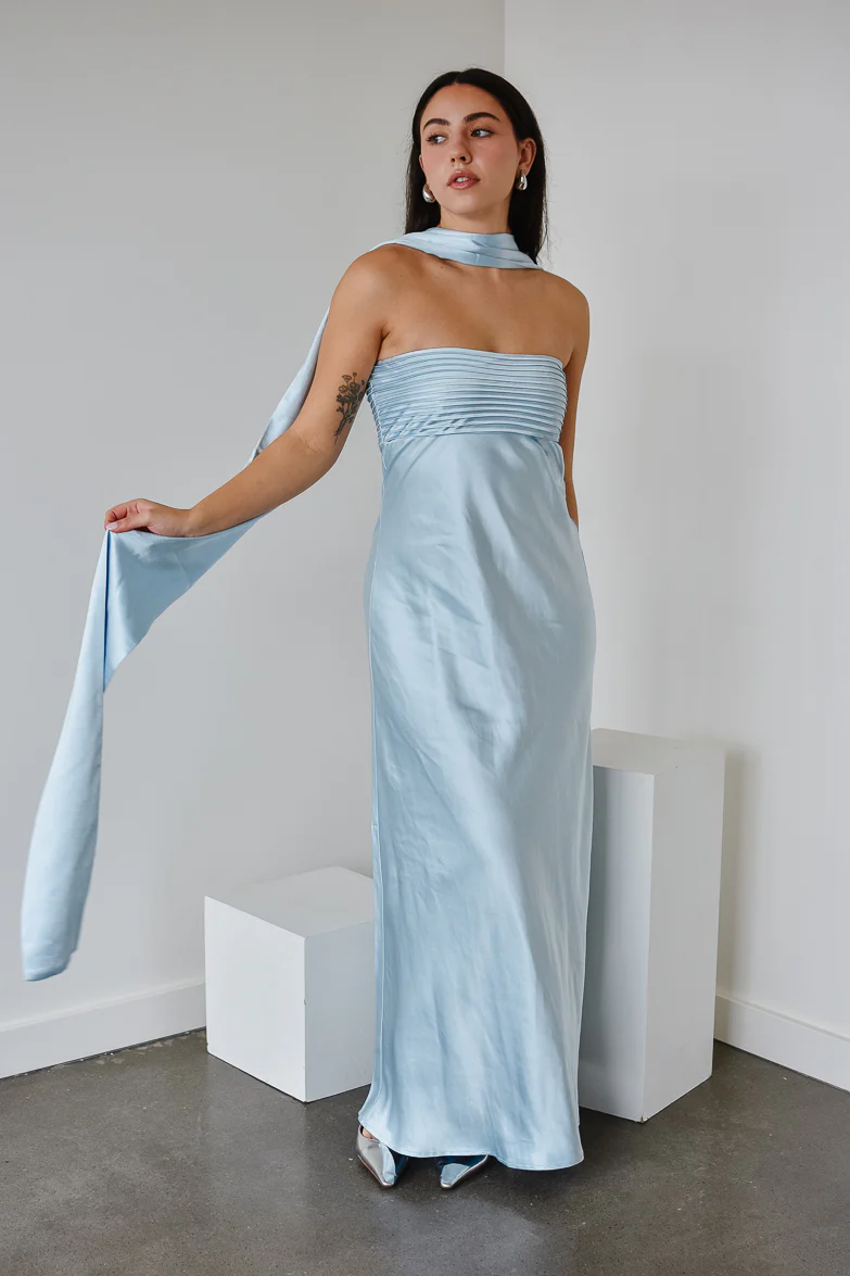 Elsa Ice Blue Maxi Dress with Neck Scarf - FINAL SALE - Image 4