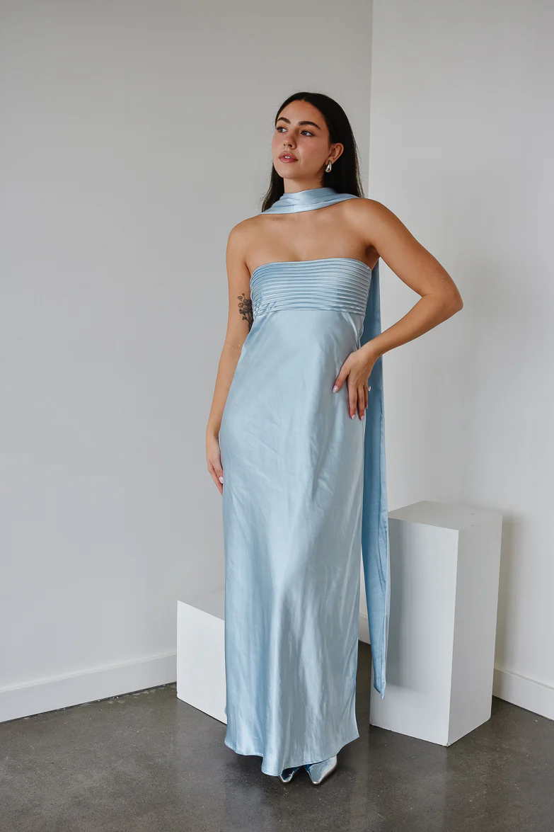 Elsa Ice Blue Maxi Dress with Neck Scarf - FINAL SALE - Image 6