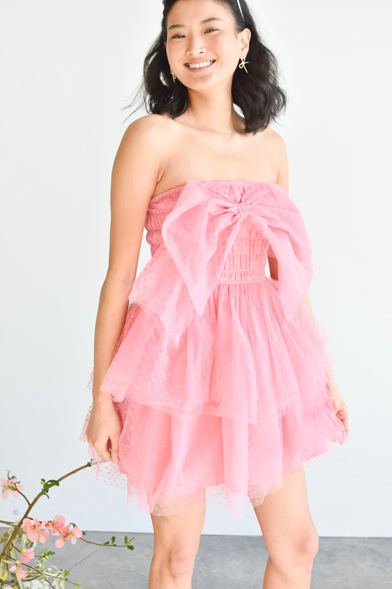 Lowery Swiss Dot Bow Mini Dress - Pink - FINAL SALE