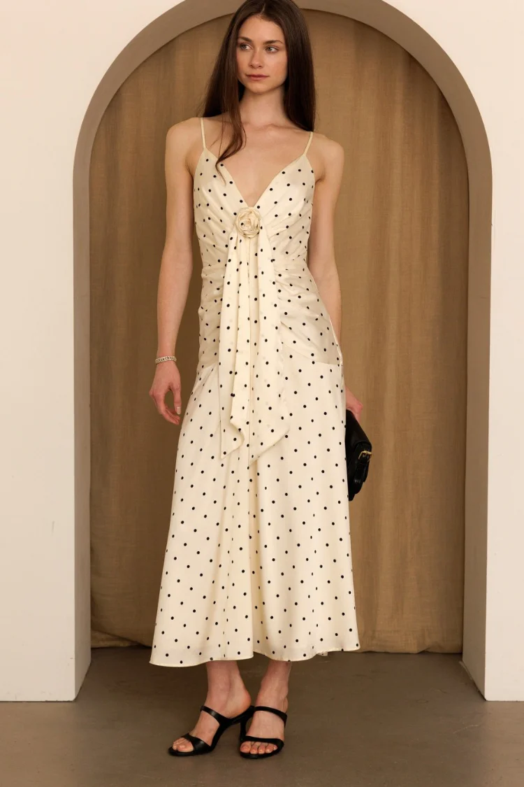 Margaux Rosette Satin Polka Dot Midi Dress - Image 7
