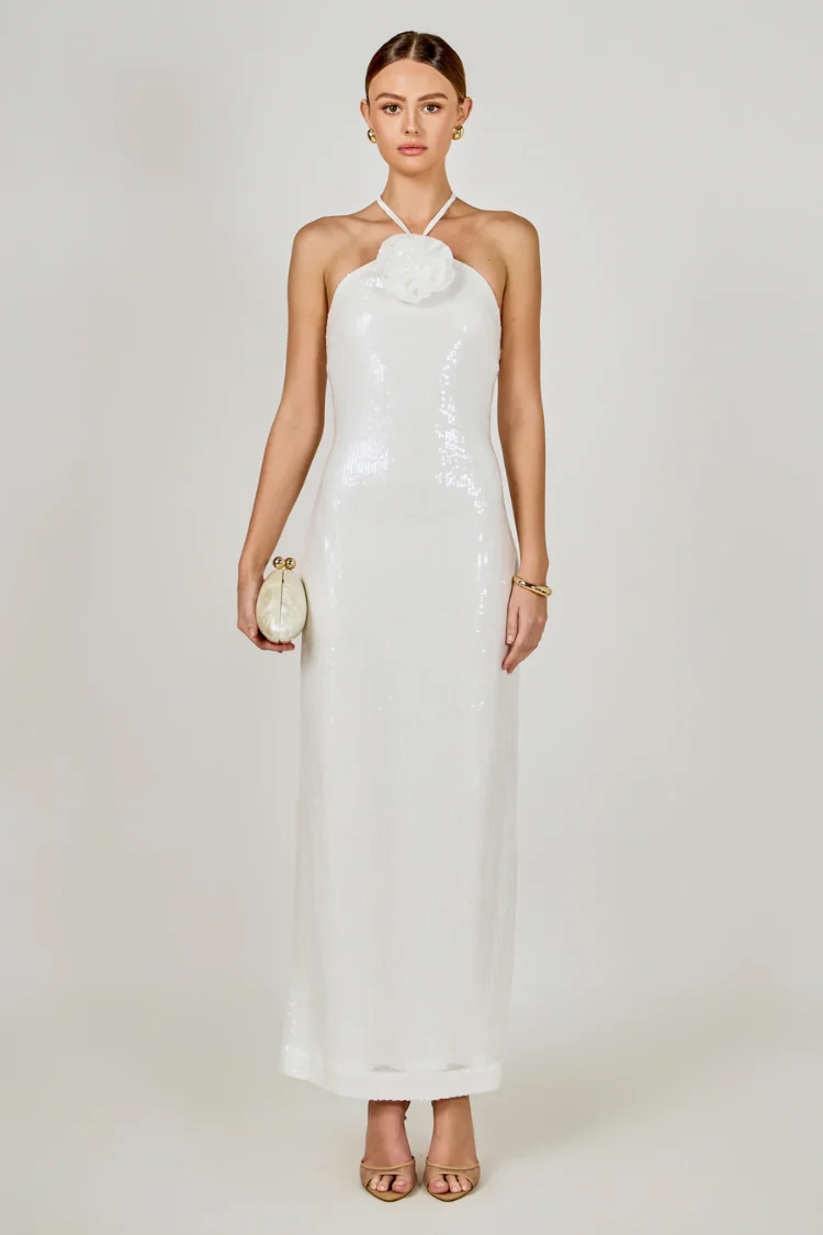 Rose White Sequin Haltered Maxi Dress - Image 4