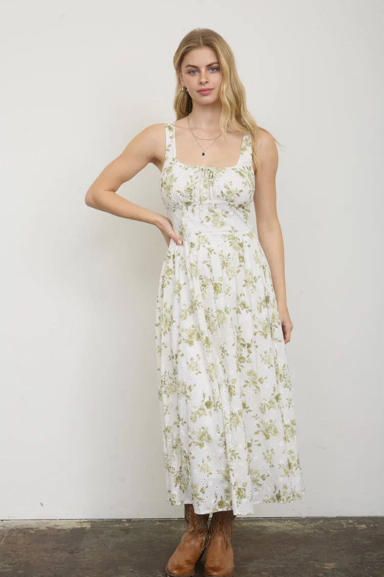 Olive Blossom Eyelet Midi Dress - Image 3
