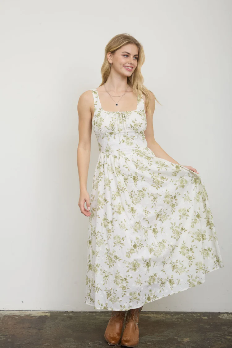 Olive Blossom Eyelet Midi Dress - Image 5