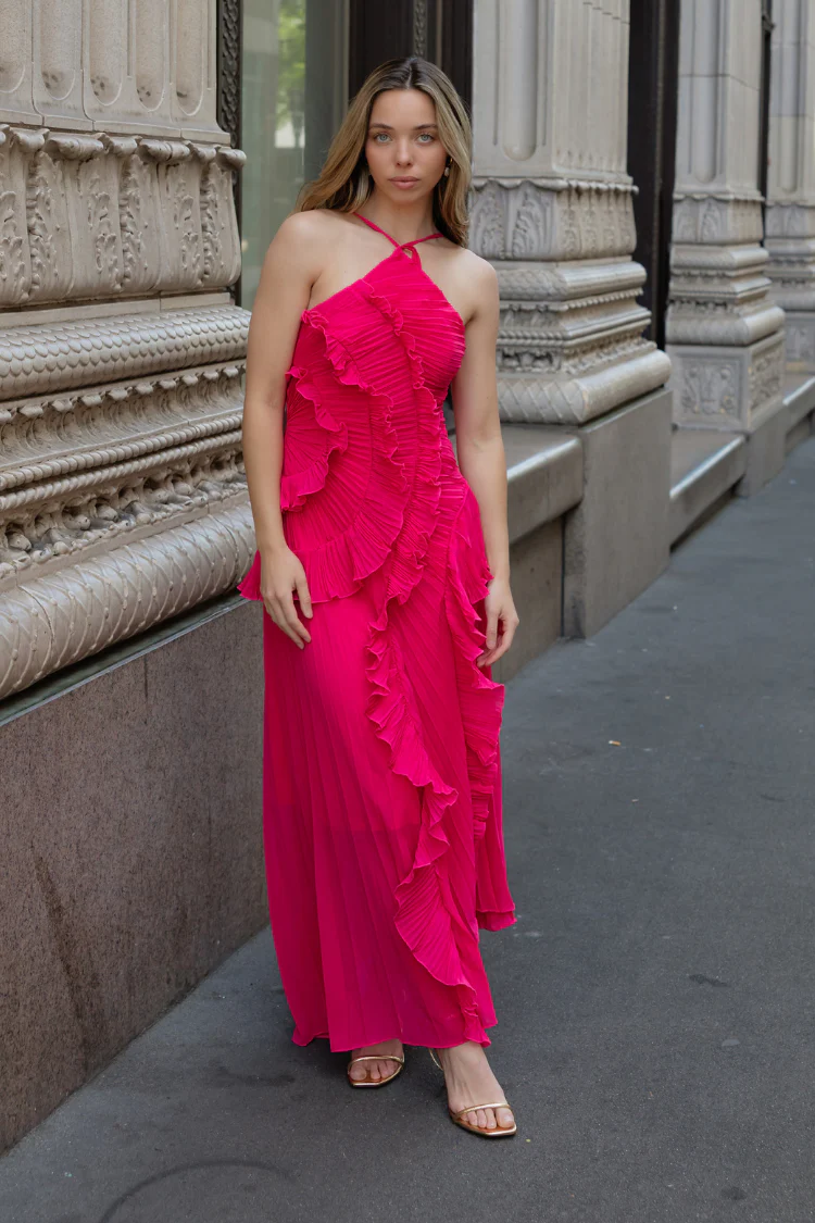 Verona Garden Ruffle Midi Dress - Fuchsia